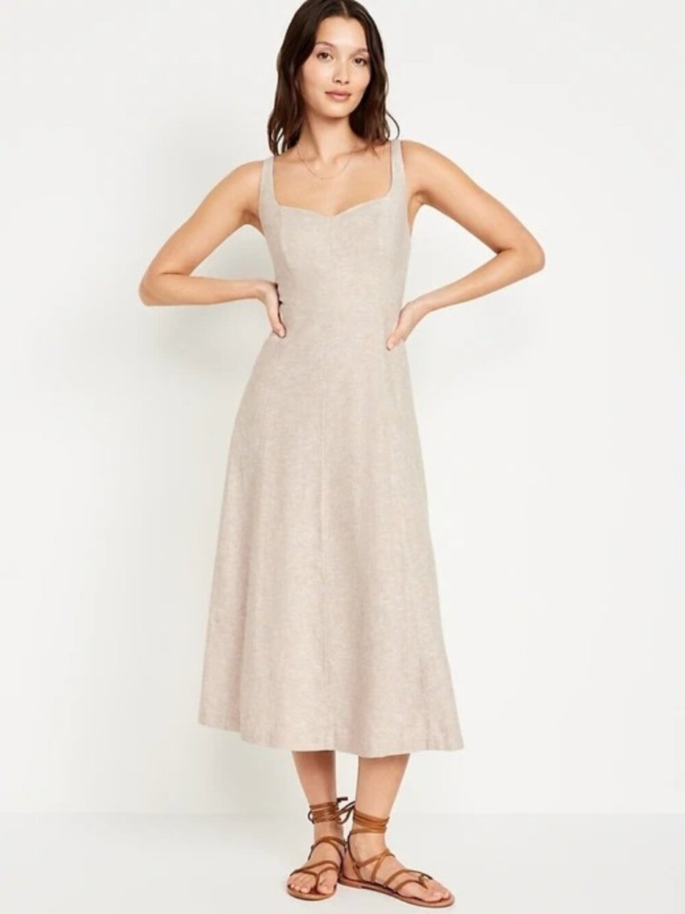 Old Navy Linen Blend Fit Snd Flare Midi Dress Beige Size XL Summer Vacation Cute